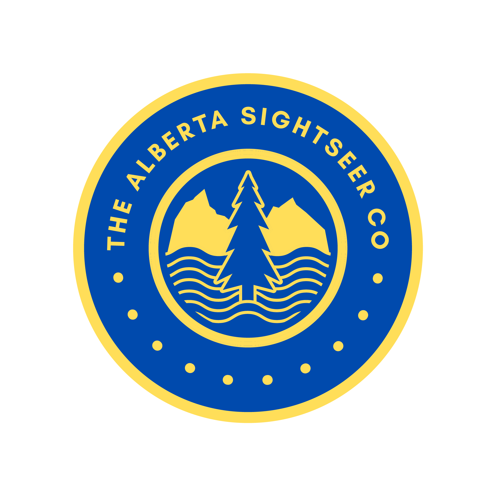 The Alberta Sightseer Company logo is pictured here in Alberta Blue & Gold.  It features a Lodgepine Pole, centered, which is flanked by mountains, and surrounded by waves of water from Alberta's scenic and prolific lakes.