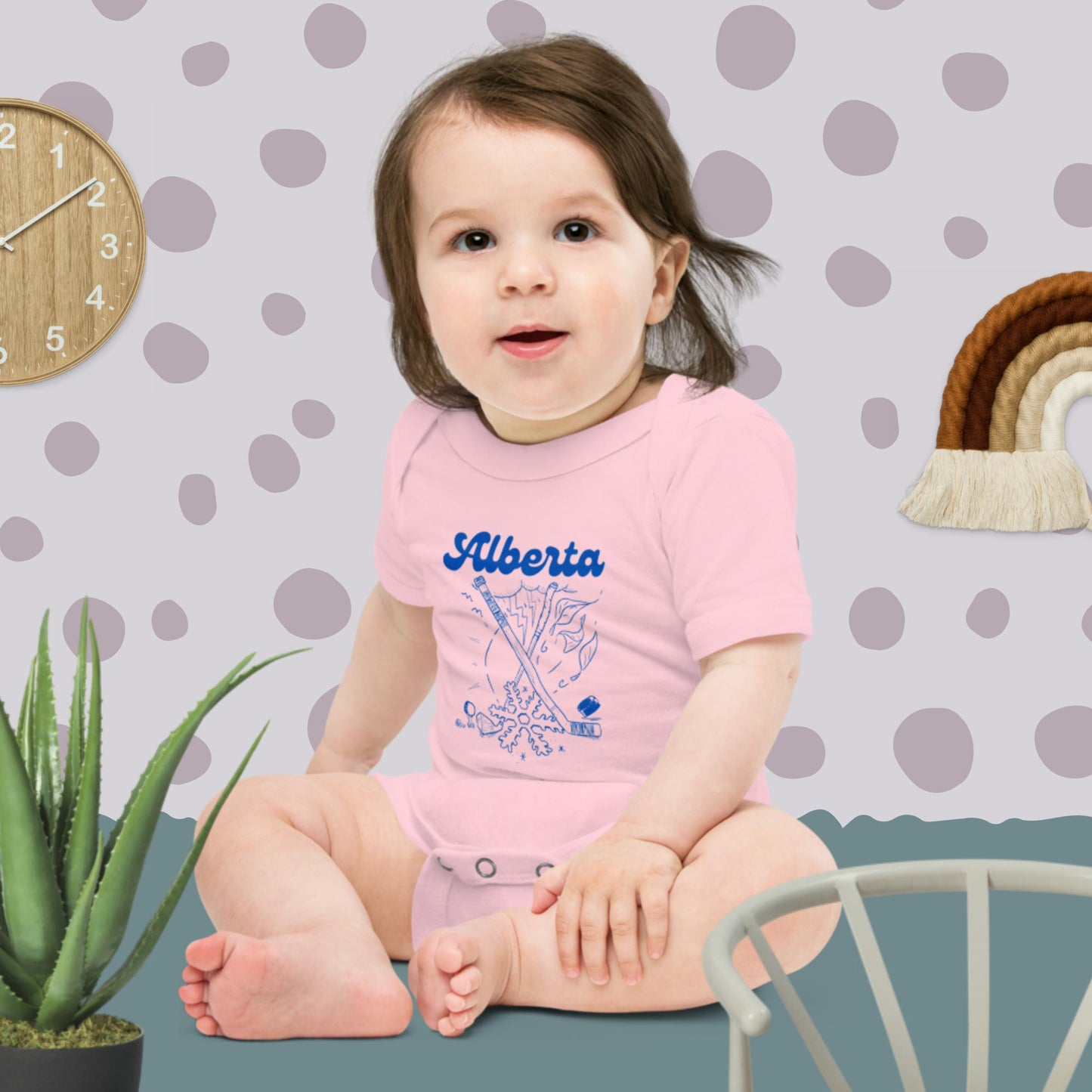 Baby Unisex Alberta Weather Blue & Yellow | Wild Rose Pink Short Sleeve Onesie